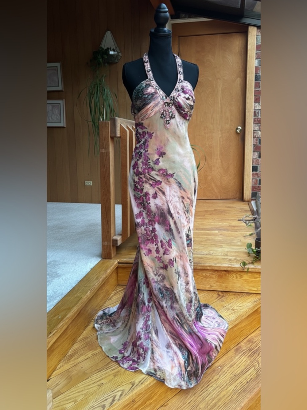 David's Bridal Pink and Cream Floral Beaded Halter Maxi Dress
